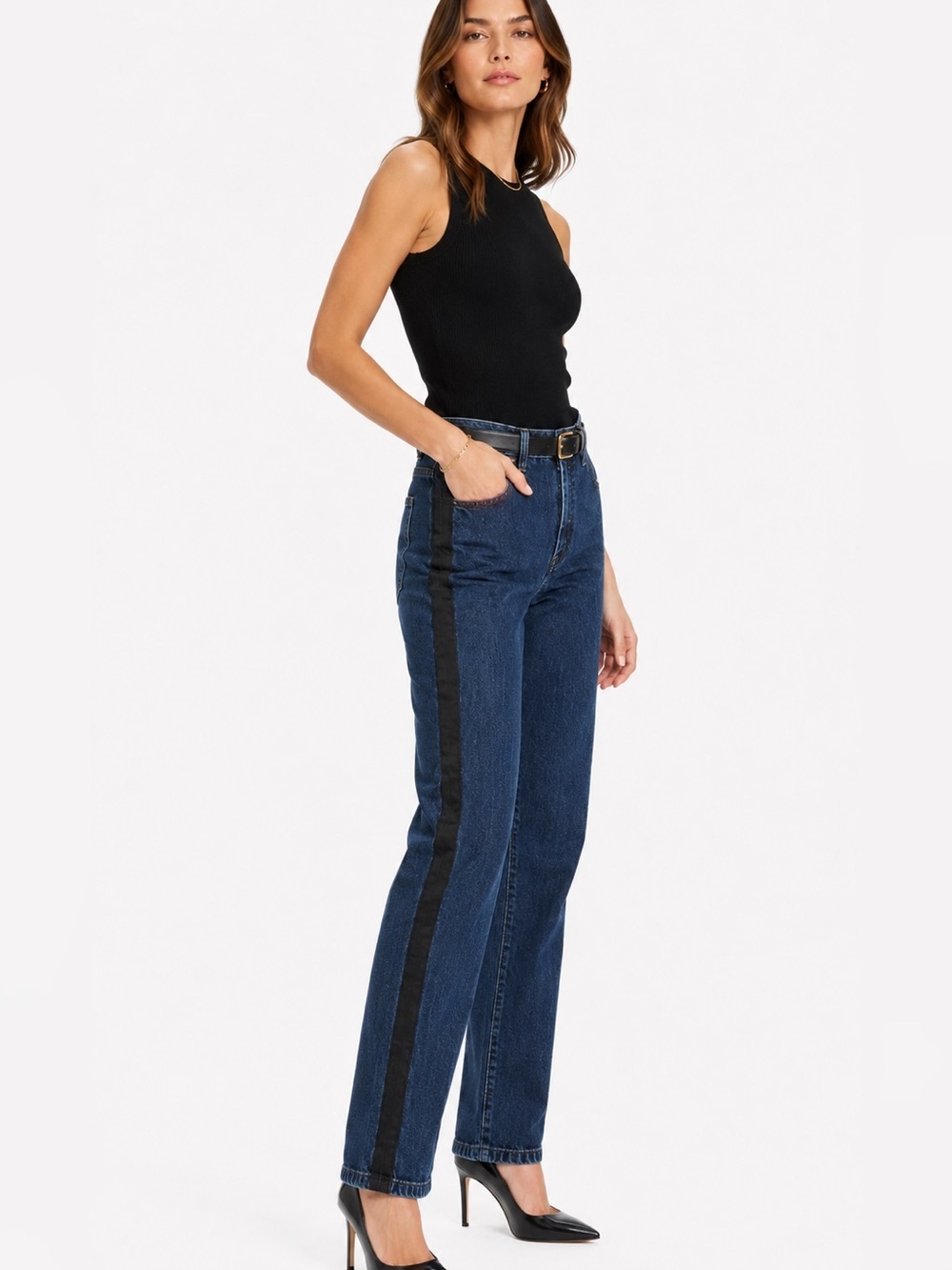 Ralph Lauren Dark Blue Straight-Leg Jeans with tuxedo Black Side Stripe